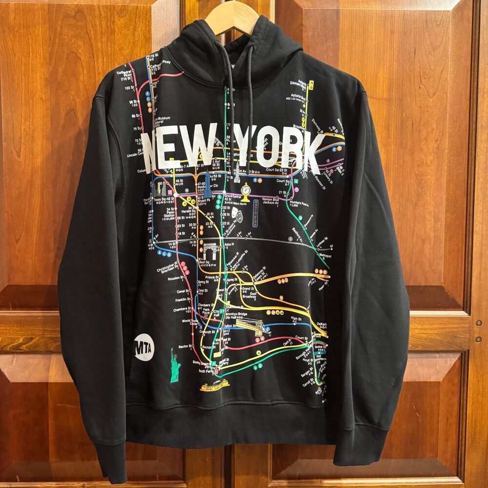 MTA New York City Subway Map Graphic Hoodie Black Pullover Sweatshirt Large